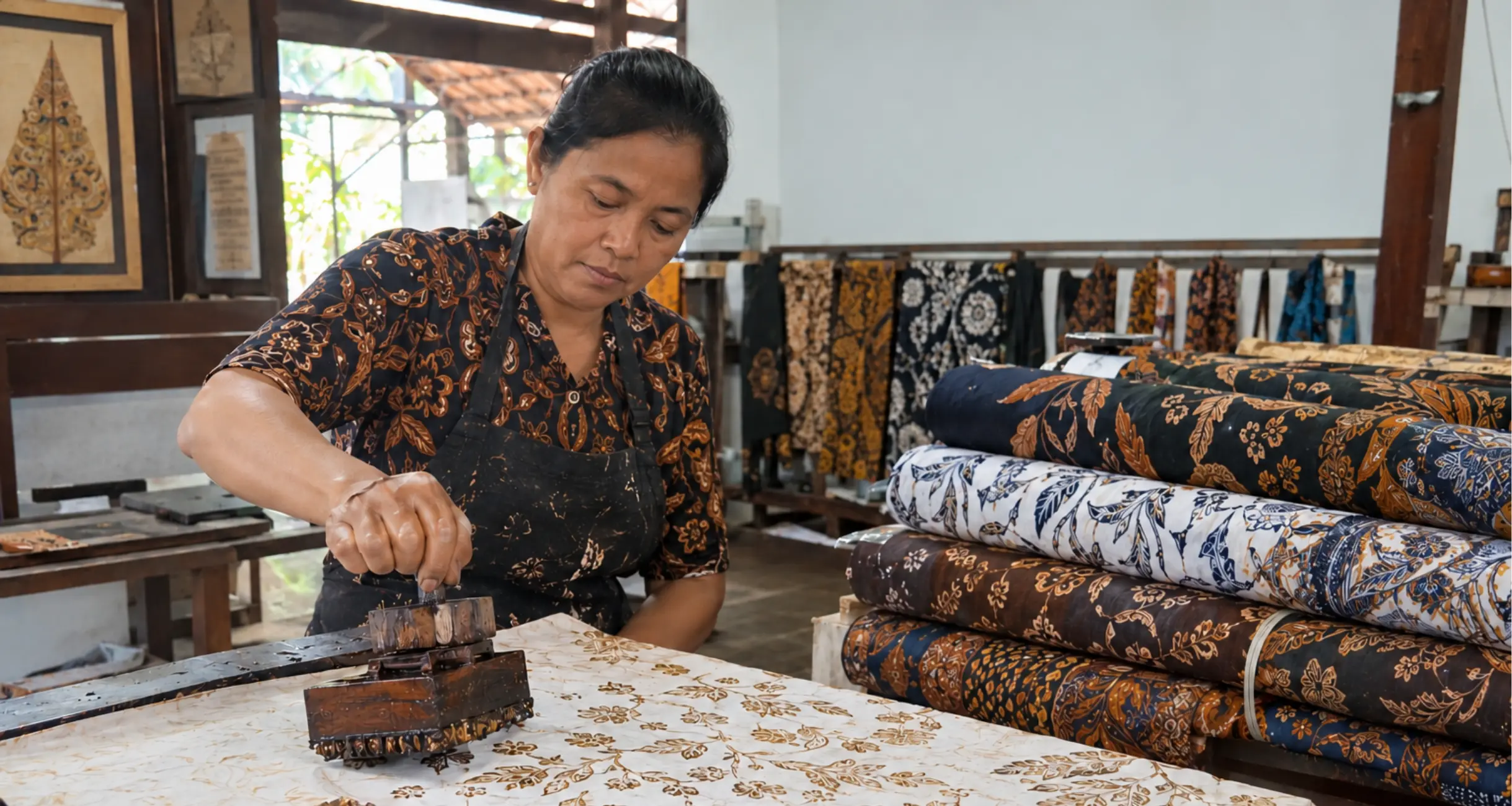 Proses pembuatan kain batik tradisional di pabrik Batik Soehadi Solo